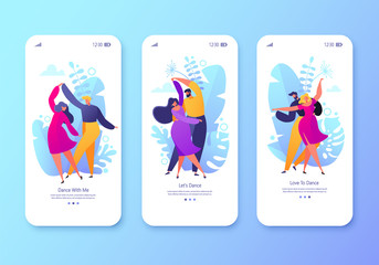 Wall Mural - Mobile app page, screen set. Concept for website with flat happy dancing couples people. Young men and women enjoying classical dance. Colorful vector illustration.