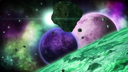 Wall Mural - Green huge alien planet with several planets behind. Space art collection. Loop.