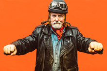Old Biker Wearing Leather Jacket, Hat And Sunglasses Simulating To Drive His Motorcycle. - Concept Of Enjoying Life At Every Age