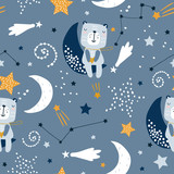 Seamless childish pattern with cute bears on clouds, moon, stars. Creative scandinavian style kids texture for fabric, wrapping, textile, wallpaper, apparel. Vector illustration