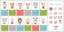Monthly Vector Calendar 2019 With Cute Cartoon Little Pig, Horse, Sheep, Cow, Goat, Rabbit, Hamster, Donkey, Cat, Dog, Mouse. Vertical Editable Template. Symbol Of The Year In The Chinese Calendar.