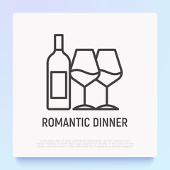 Wine bottle and two glasses thin line icon. Romantic dinner. Modern vector illustration.