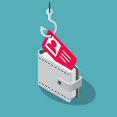 Fototapete - Identity spoofing internet cyber attack symbol with wallet and identity card, isolated on blue background. Flat design, easy to use for your website or presentation.