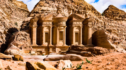 Wall Mural - (selective focus) Stunning view of the Ad Deir - Monastery in the ancient city of Petra. Petra is a Unesco World heritage site, historical and archaeological city in southern Jordan.