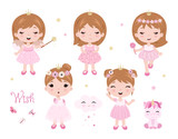 Vector cute little baby girl dressed as princess. Baby princess set. Vector little baby girl with magic wand.