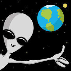 Wall Mural - Extraterrestrial alien in space and the planet Earth.