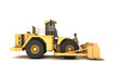 Side view on powerful yellow hydraulic wheel bulldozer isolated on white. 3D illustration. Right side view. Eye level.