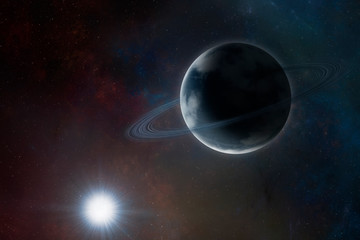 Blue planet with rings and atmosphere on space background near sun. Sci-fi space art with exoplanet. Surreal space illustration with saturn like planet and star