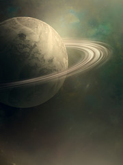 Wall Mural - planet with rings in surreal space scene, saturn planet digital illustration astronomy background