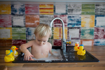 Wall Mural - Cute smiling baby taking bath in kitchen sink. Child playing with foam and soap bubbles in sunny kitchen with rubber ducks