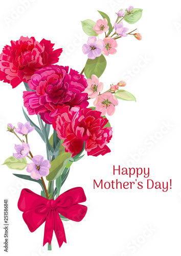 Vertical card for Mother's Day with carnation, spring blossom: red, pink, whi...