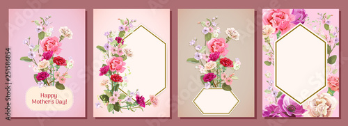 Set of vertical cards for Mother's Day with carnation, poppy, spring blossom:...