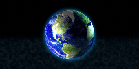 the blue planet earth with beautiful outer glow and lens flare ring in dark background. elements of 