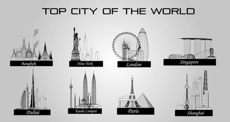 Wall Mural - Top cities in the world such as Bangkok, New York, Paris, Kuala Lumpur, Shanghai, London, Dubai