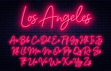 glowing neon script alphabet. neon font with uppercase and lowercase letters. handwritten english al