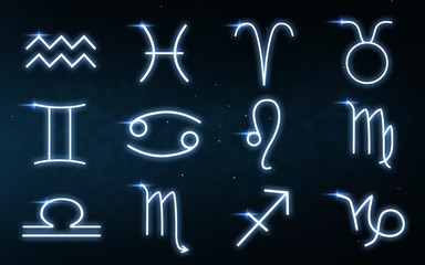 astrology and horoscope - set of zodiac signs over dark night sky with stars background