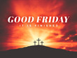 Easter Season Good Friday It Is Finished Text with Three Christian Crosses on Hill of Calvary with Sun and Clouds in Sky and Ray of Light Background - Graphic Illustration
