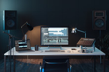 Studio Computer Music Station. Professional Audio Mixing Console. 3d Rendering.
