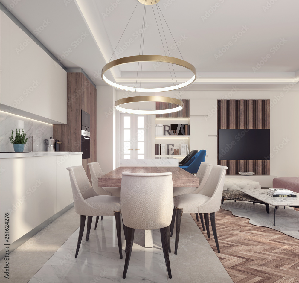 Modern interior design of small apartment 3D Rendering - obrazy, fototapety, plakaty 