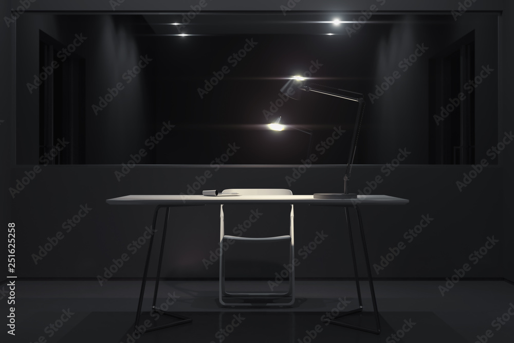 Dark interrogation room with switched-on lamp and big mirror, 3d rendering. - obrazy, fototapety, plakaty 