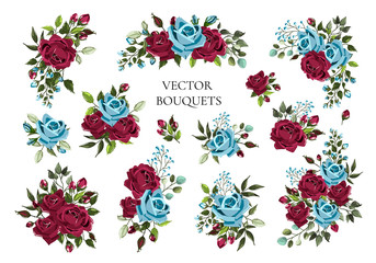 Wall Mural - Set of bouquets bordo and navy blue flower roses with green leaves