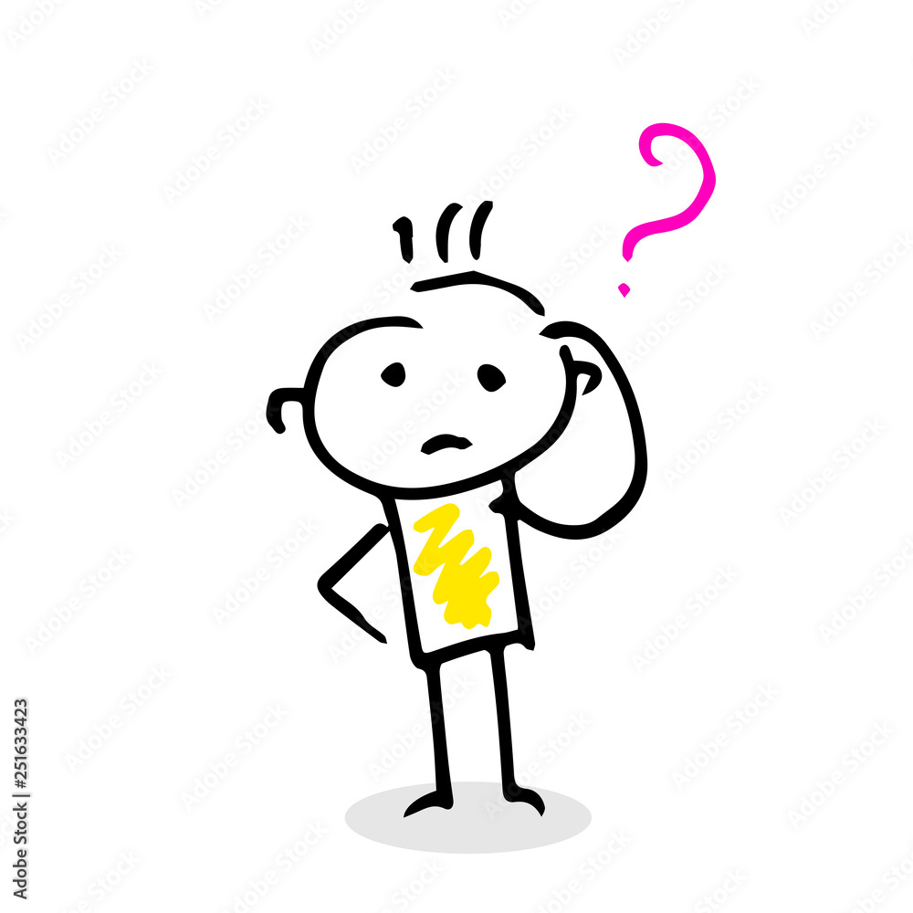 Thinking vector stick figure with question sign. - obrazy, fototapety, plakaty 