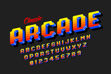 retro style arcade games font, 80s video game alphabet letters and numbers