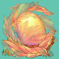 Wall Mural - Colorful Easter egg and feathers in a nest on a green background. Greeting cards for Easter, print and poster. Holiday concept with egg in a bird nest decorations. Game of color.