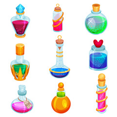 Wall Mural - Flat vector set of small bottles with potions. Different glass vials with magic elixirs. Toxic liquids