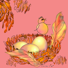 Poster - Baby bird in a nest. Colorful Easter chicken, eggs and feathers on a pink background. Greeting card for Easter and Birthday. Pattern for print and poster.