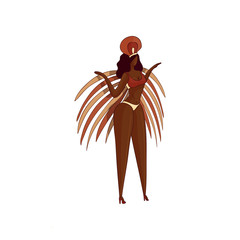 Canvas Print - Trendy vector design of Brazilian woman in dancing action. Girl in bikini with feathers. Samba dancer