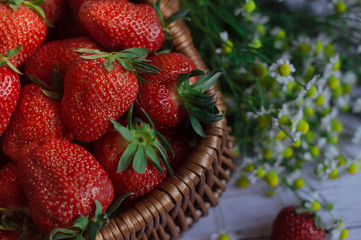 Poster -  Fresh ripe strawberries in a basket on a white background and a bouquet of daisies