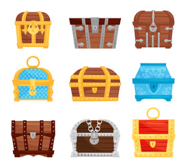 Wall Mural - Flat vector set of different treasure chests. Wooden and metal storage boxes with locks. Game assets