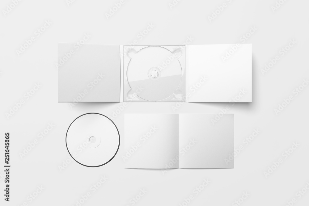 Realistic CD disc and carton packaging cover template mock up. Digipak case of cardboard CD drive. With white blank for branding design or text. isolated on soft gray background.3D rendering. - obrazy, fototapety, plakaty 