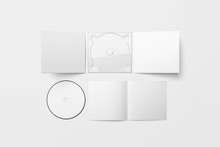 Realistic CD Disc And Carton Packaging Cover Template Mock Up. Digipak Case Of Cardboard CD Drive. With White Blank For Branding Design Or Text. Isolated On Soft Gray Background.3D Rendering.
