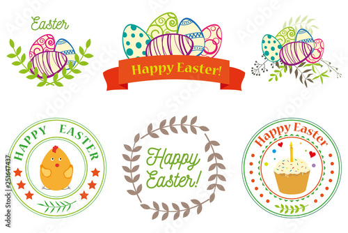Happy Easter. Easter eggs and cake, twigs and herbs, congratulatory inscripti...