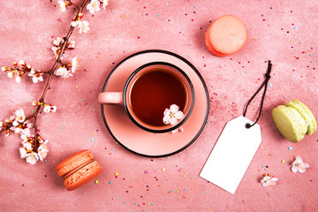 Wall Mural - A cup of tea in the spring decoration. View from above. Place for text.