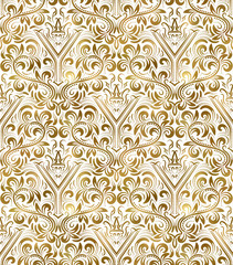 Golden white vintage seamless pattern. Gold royal classic baroque wallpaper. Victorian background ornament.