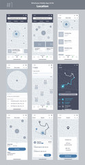 Wall Mural - Wireframe kit for mobile phone. Mobile App UI, UX design. New map position: popular places, close to me cafes and restaurants, address, way, search, filter, route, list and pick location screens.
