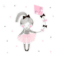 Cute Little Girl In Pink Ballerina Skirt Flies A Kite Drawn On Dotty Background. Simple Minimalistic Vector Doodle Illustration For Girls. Perfect For Textile Apparel T-shirt Print, Wall Art, Poster