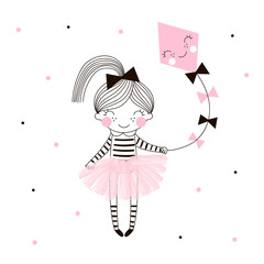 cute little girl in pink ballerina skirt flies a kite drawn on dotty background. simple minimalistic