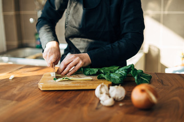 Wall Mural - Female chef chopping raw vegetables on a wooden board