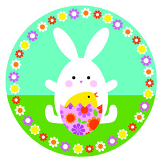 Wall Mural - cute Easter bunny and hatching egg on circle with floral frame