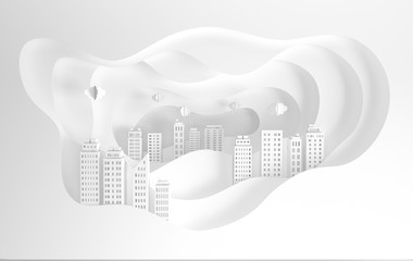 Sticker - White paper skyscrapers and waves. Achitectural building in panoramic view. Modern city skyline building industrial paper art landscape skyscraper offices. 3d rendering illustration