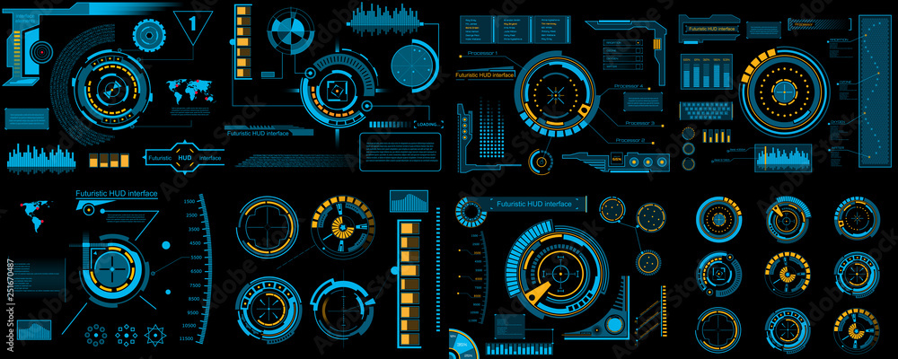 Creative vector illustration of HUD interface elements set, infographics Sci Fi isolated on transparent futuristic background. Art design template. Abstract future concept science virtual graphic - obrazy, fototapety, plakaty 