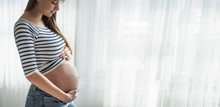 Happy Attractive Pregnant Woman Standing Near The Window And Holding Her Belly