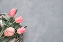 Springtime Or Easter Background With Pink Tulips And Easter Eggs In Wattle Ring On Grey Concrete, Text Space