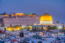 Sunset View Of Jerusalem Dominated By Golden Cupola Of The Dome Of The Rock, Israel