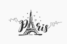 Vector Hand Drawn Illustration Of Paris Famous Building Silhouette On White Background.