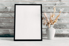 Blank Photo Frame And Dry Wheat On Wooden Rustic Wall Background. Copy Space